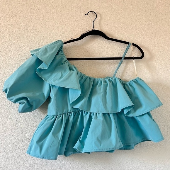 Forever 21 Women Ruffle Top Large NWT Peplum One Shoulder Puff Sleeve Turquoise - Picture 4 of 7